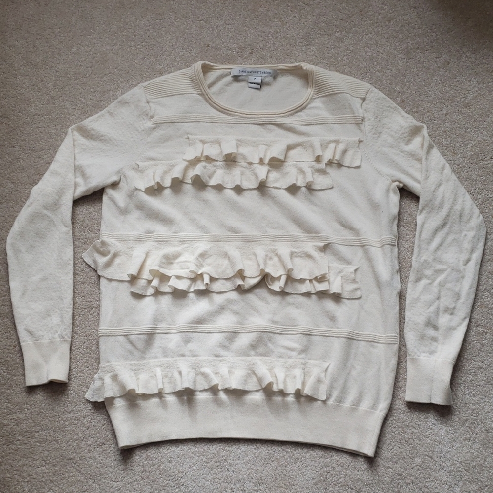 Diane Von Furstenberg Cream Color Wool Sweater With Ruffle Detail, Size S
